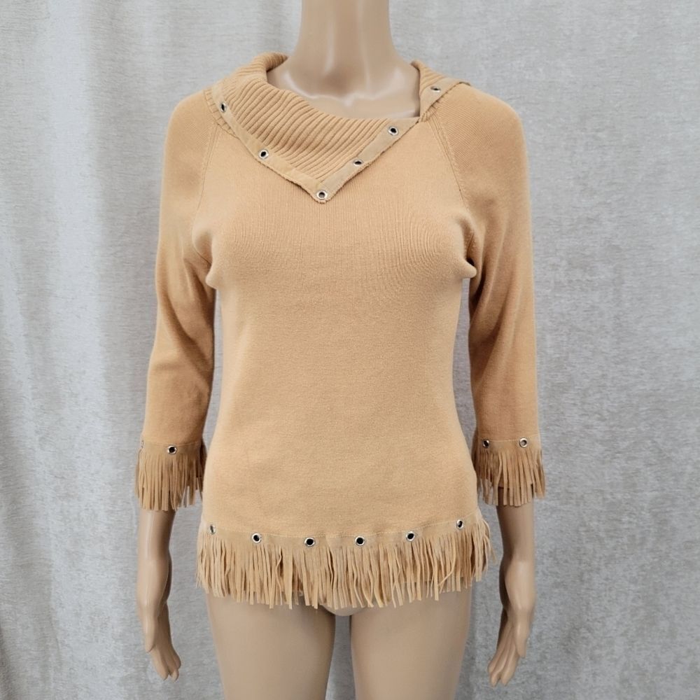 JOSEPH A. Women's Y2K Tan Silk Blend Fringe Sweater Western Boho